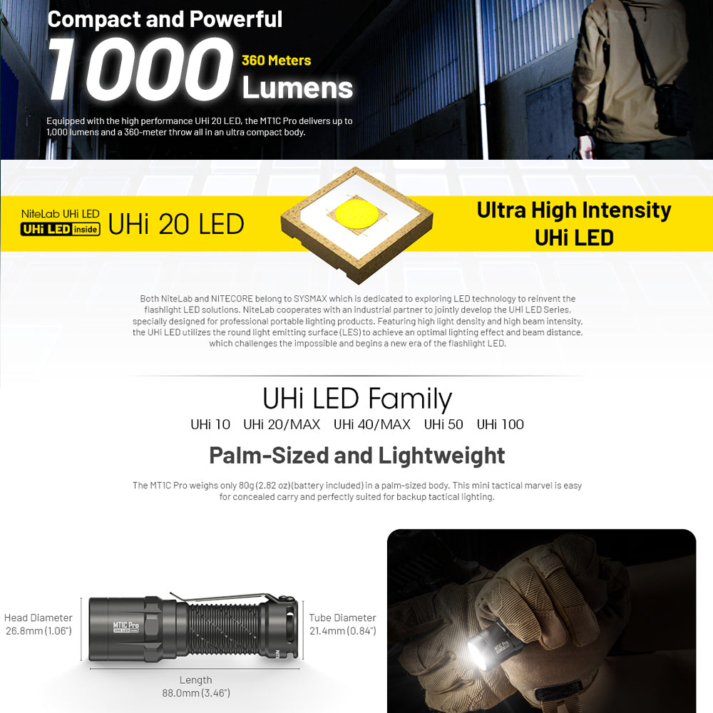 NITECORE MT1C PRO 1000 LUMEN IP68 EDC FLASHLIGHT 505 YARDS THROW