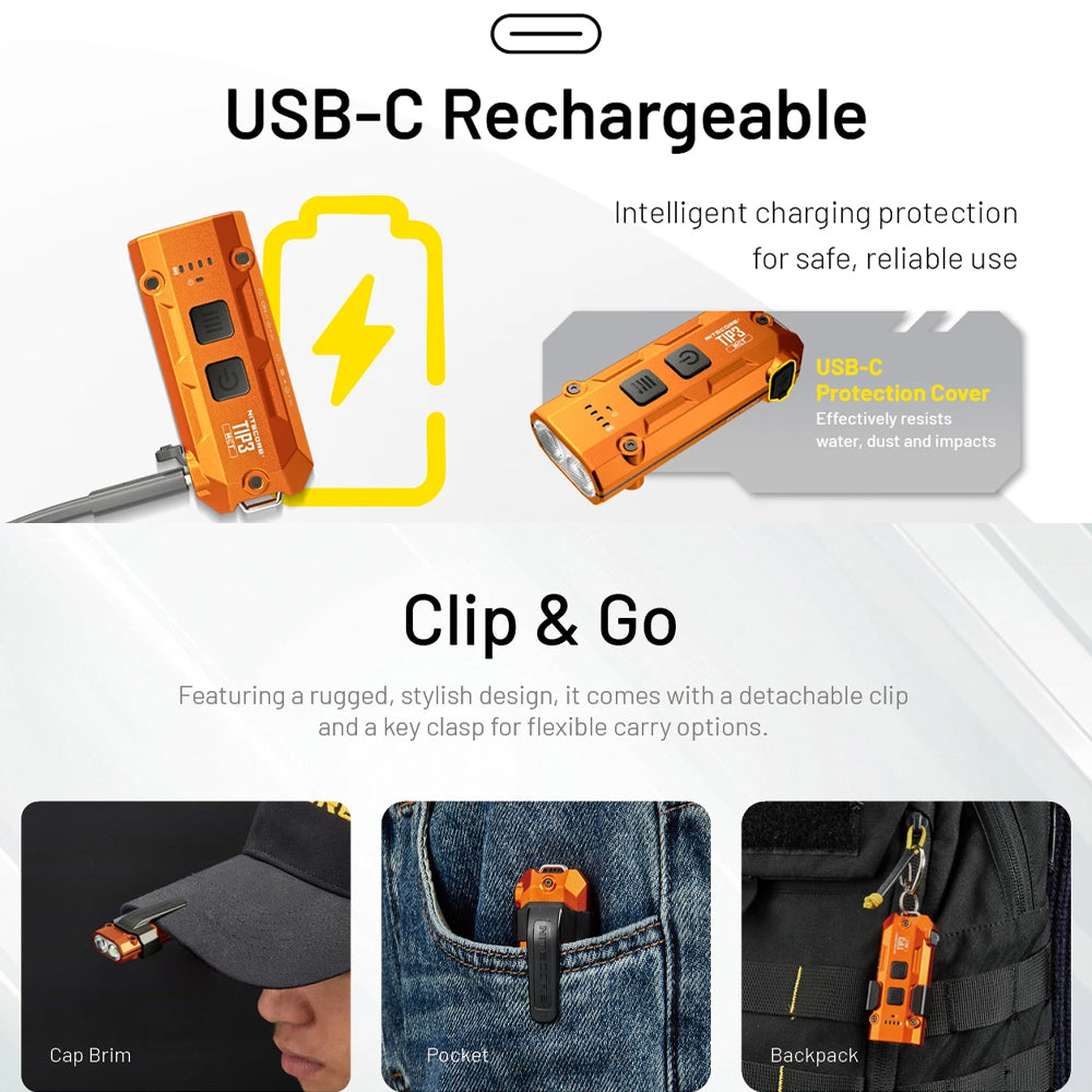 NITECORE TIP3 720 LUMEN KEYCHAIN TORCH CLASSIC ALLOY ORANGE